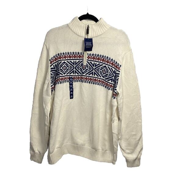 NEW IZOD Fair‎ Isle Sweater Mens Large Ivory Cream Knit 1/4 Zip Mock Neck Preppy - Picture 1 of 6